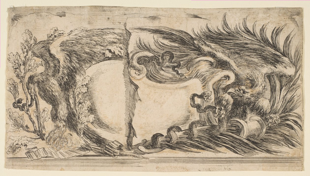 Két különböző félkartus, mindegyik egy kígyóval harcoló sast ábrázol, 1646. alkotó: Stefano della Bella