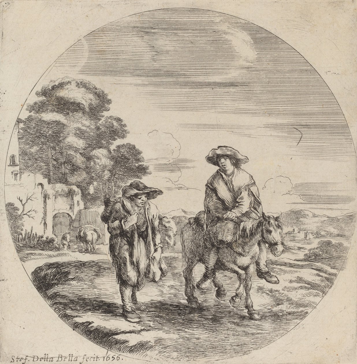 Két paraszt utazik a tájon, 1656. alkotó: Stefano della Bella