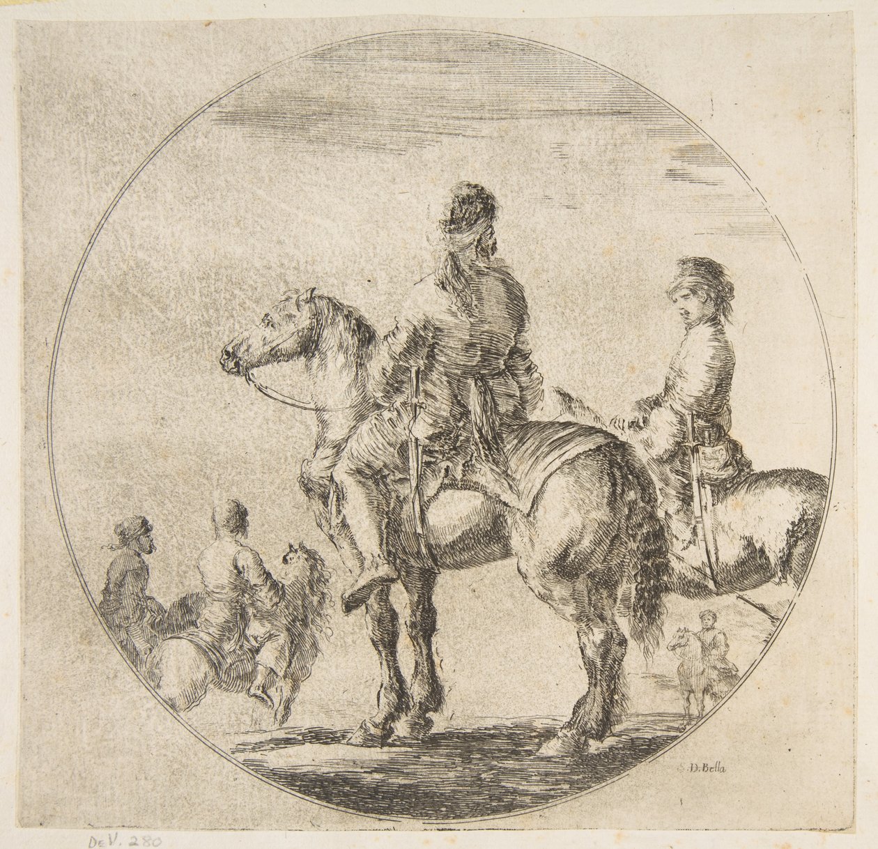 Két lengyel lovas lovaikkal balra fordulva, a Figurák lóháton Cavaliból..., kb. 1651. alkotó: Stefano della Bella