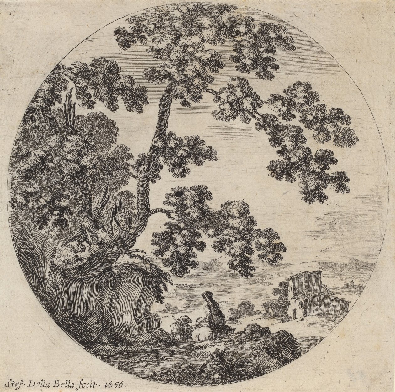 Két utazó elhalad egy öreg tölgyfa mellett, 1656. alkotó: Stefano della Bella