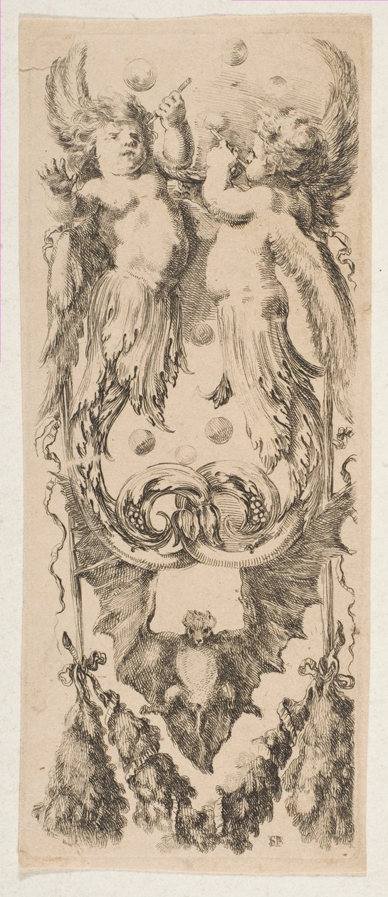 Két szárnyas gyermek, akiknek teste díszes buborékokká változik, kb. 1653. alkotó: Stefano della Bella
