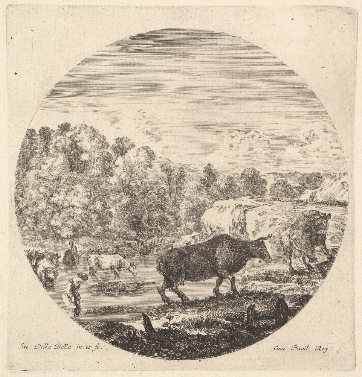 Két tehén a közepén, majd két parasztasszony és más tehenek a folyóban le..., kb. 1643-48. alkotó: Stefano della Bella
