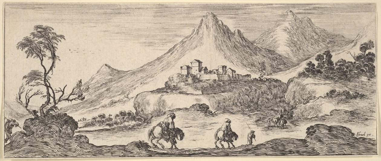 Két lovas ereszkedik le egy dombról középen, egy másik gyalogos embert követve, egy kastély a ..., kb. 1641. alkotó: Stefano della Bella