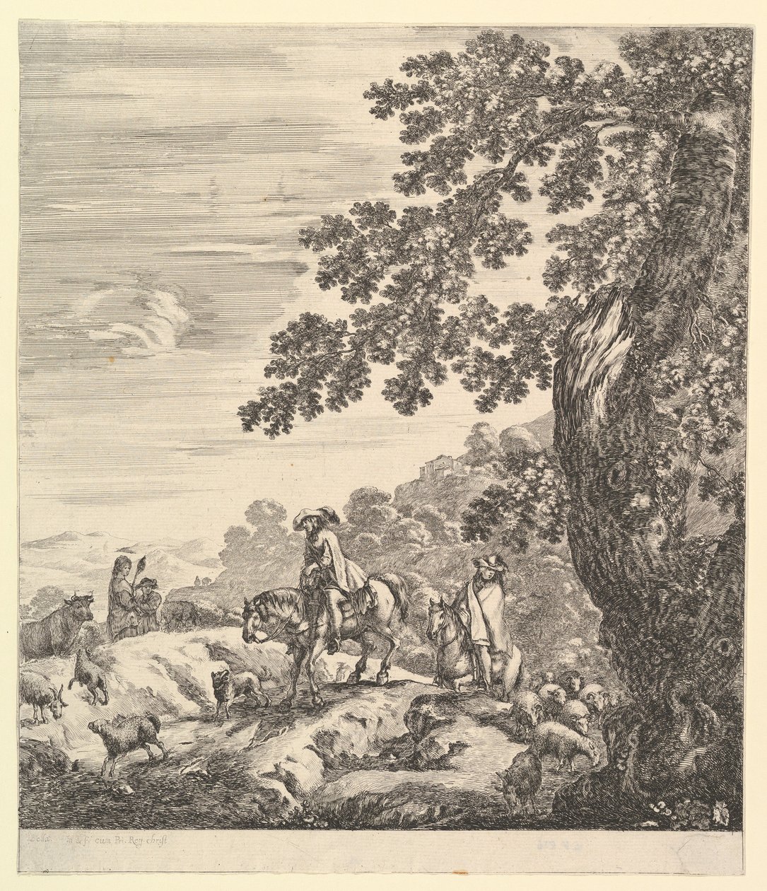 Két lovas elhalad egy nyáj mellett, balra lovagolva, egy parasztasszony és egy fiatal fiú..., kb. 1656. alkotó: Stefano della Bella