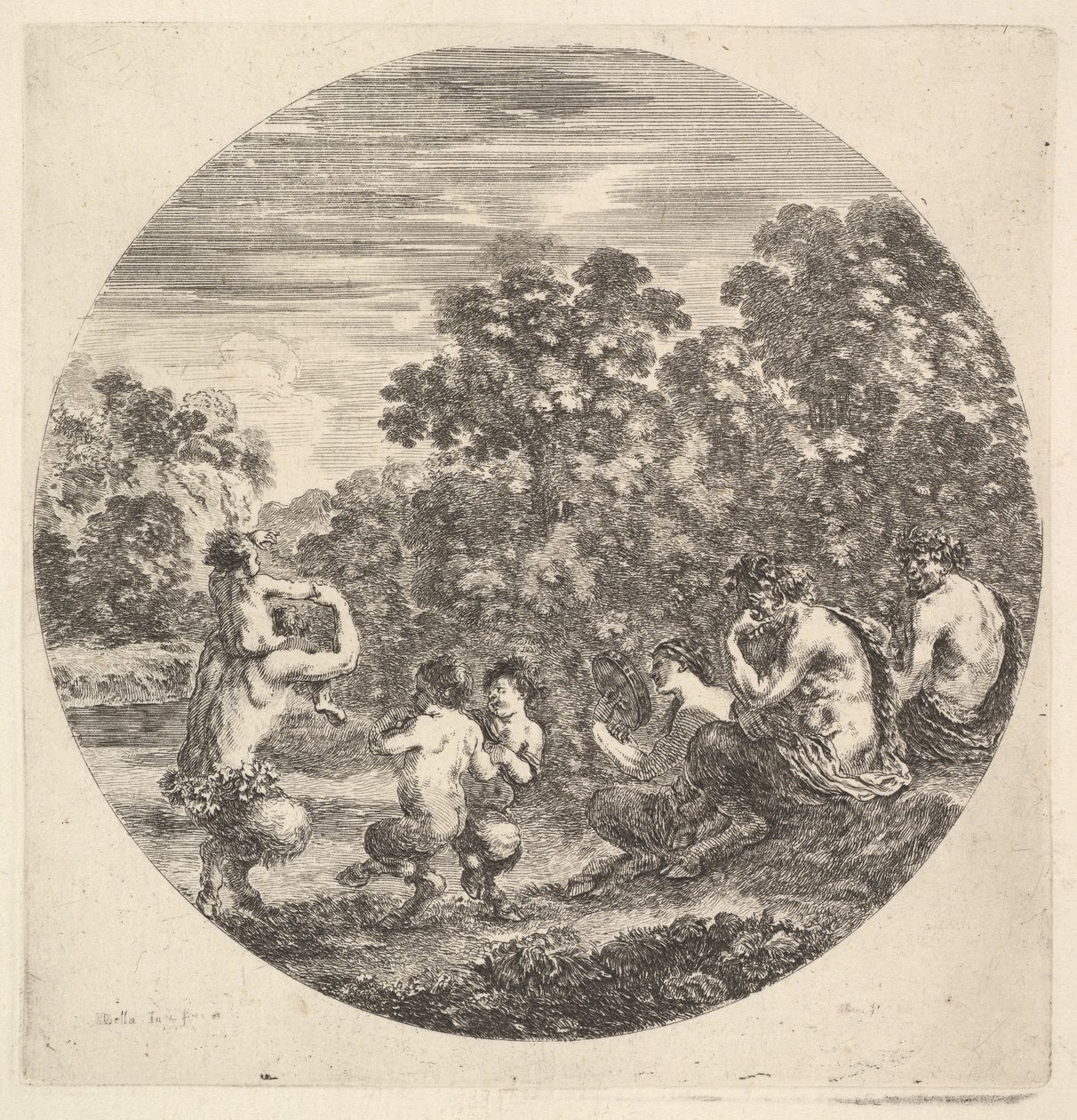 Két szatír és egy faun ül jobbra, és néz két szatír gyermeket és egy másik szatírt, kb. 1643-48. alkotó: Stefano della Bella