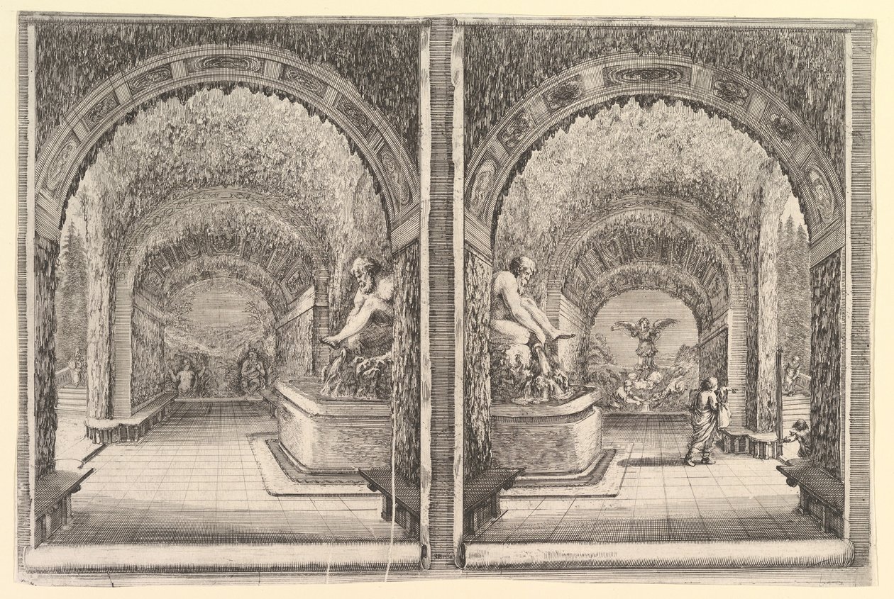Két kilátás egy barlangra, mindkét kilátás egy szökőkúttal ülő szoborral, a ..., kb. 1653. alkotó: Stefano della Bella