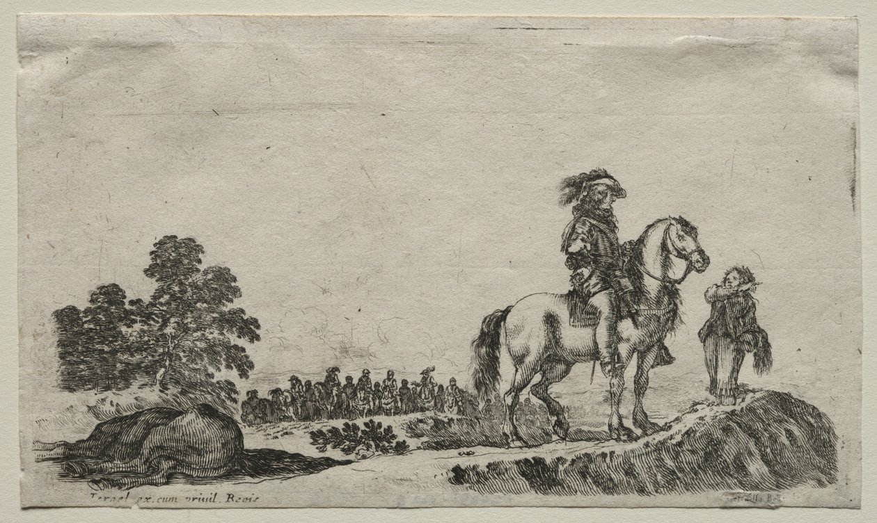 Különféle alakok és tájak: Egy elveszett lovas, aki az utat tudakozódni, 1649. alkotó: Stefano della Bella