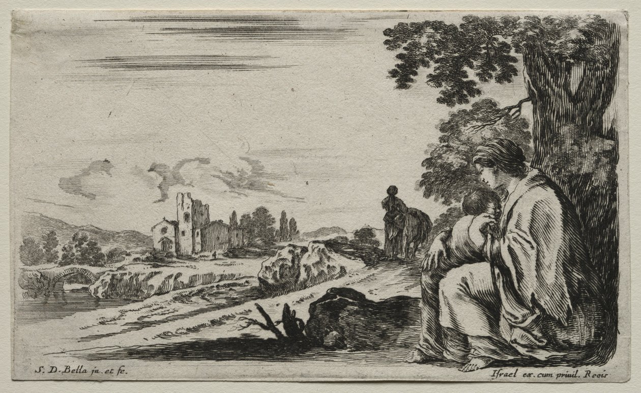 Különféle alakok és tájak: Egy szegény nővér ül egy fa alatt, 1649. alkotó: Stefano della Bella