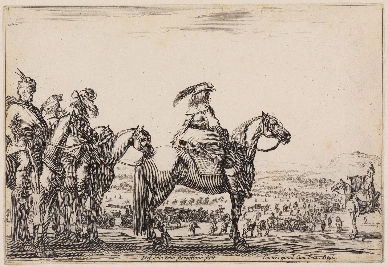 Különböző alakok (Varie figure): Menetelő hadsereg a síkságon. Az előtérben, a dombon a parancsnok és kísérői, jobbra a trombitás alkotó: Stefano della Bella