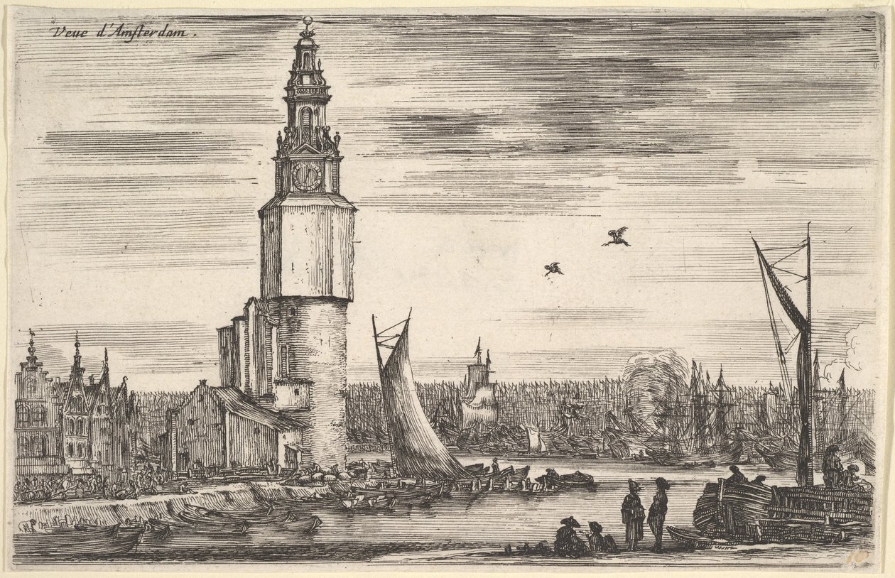 Kilátás Amsterdam Vu Amsterdamra, egy torony és a házak balra, férfiak állnak a mólón ..., 1647. alkotó: Stefano della Bella