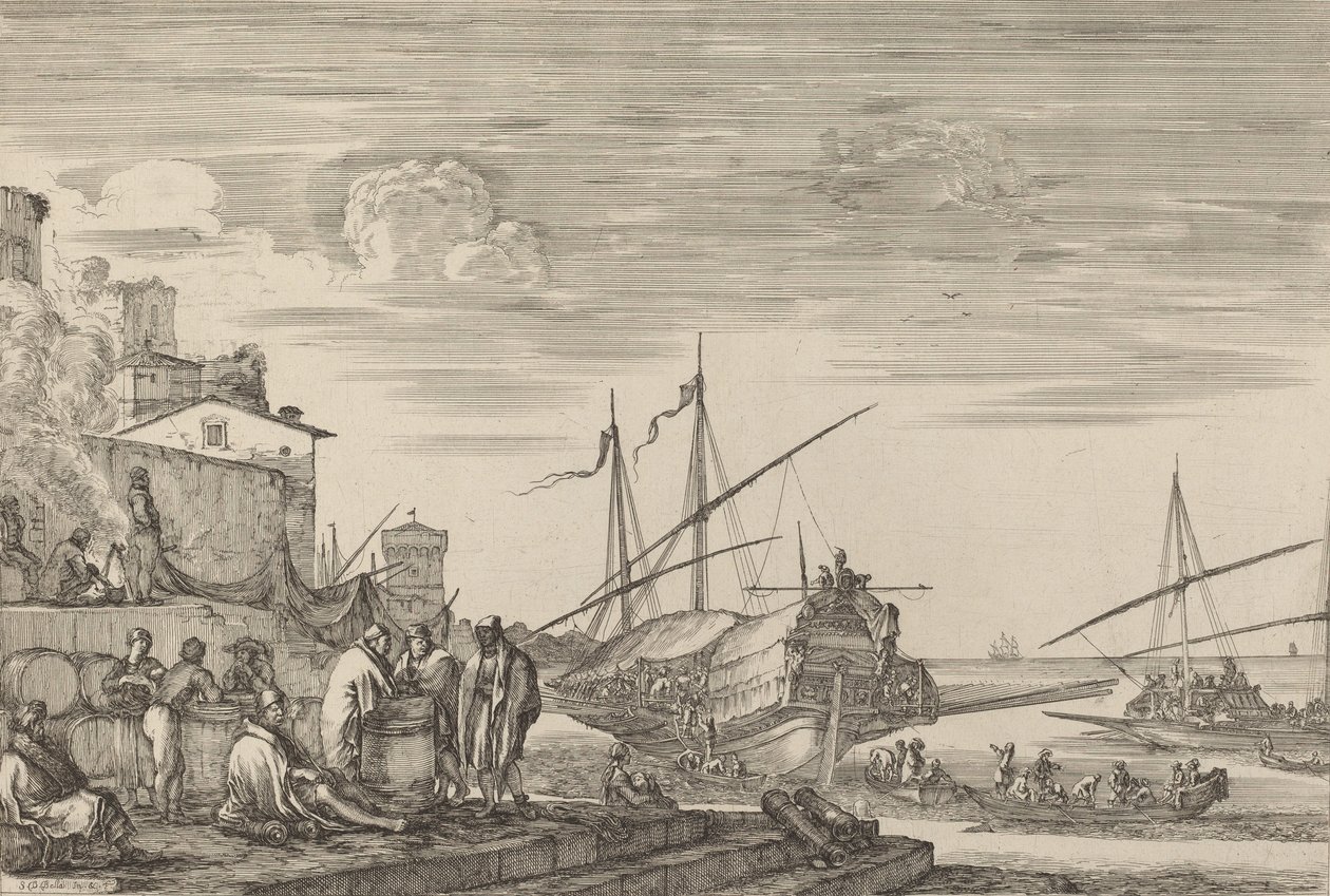 Kikötőre néző több ház képe, valószínűleg c. 16541655. alkotó: Stefano della Bella