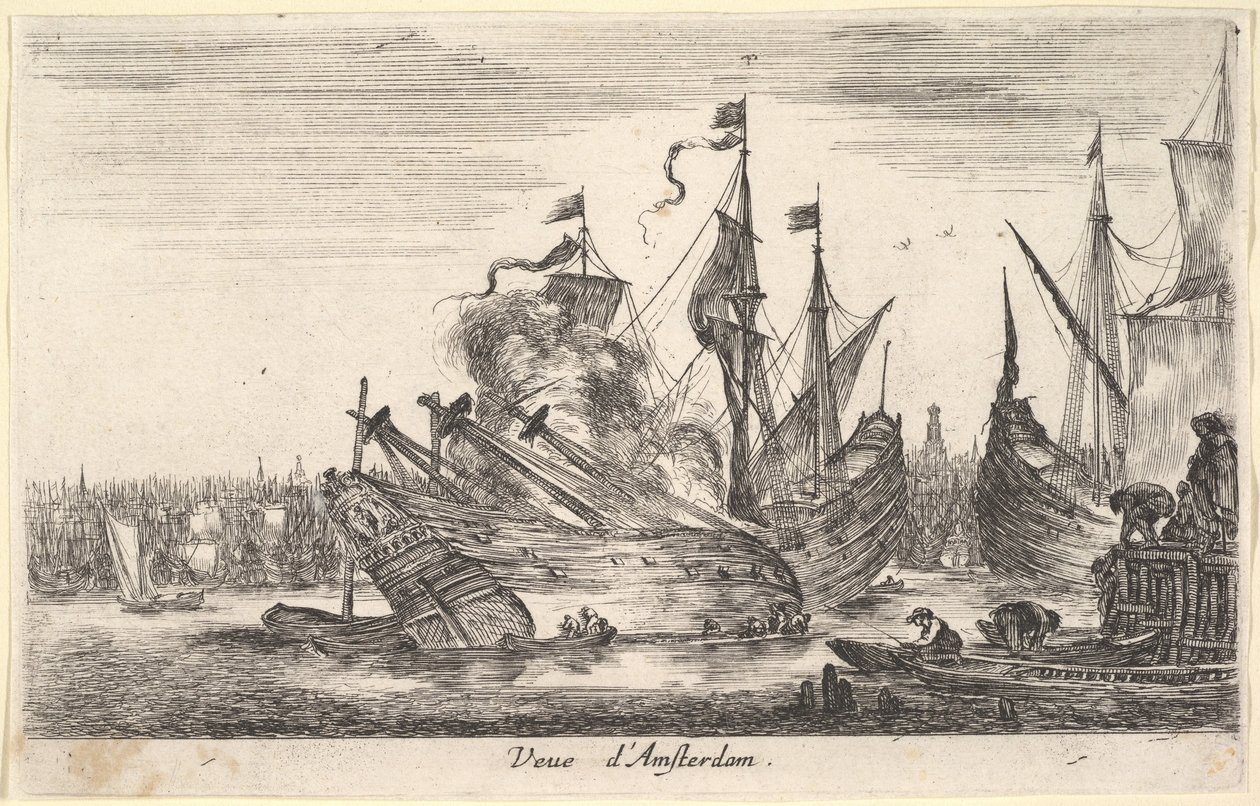 Kilátás az amszterdami Veue dAmsterdam tengeri kikötőre, férfiak csónakban dolgoznak egy hajón a központban..., 1647. alkotó: Stefano della Bella