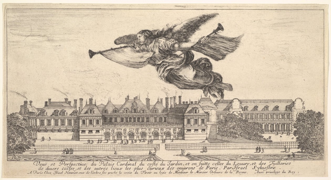 Kilátás a Palais Cardinalra, a Hírnév figurája felül középen balra repülve a..., 1649-51. alkotó: Stefano della Bella