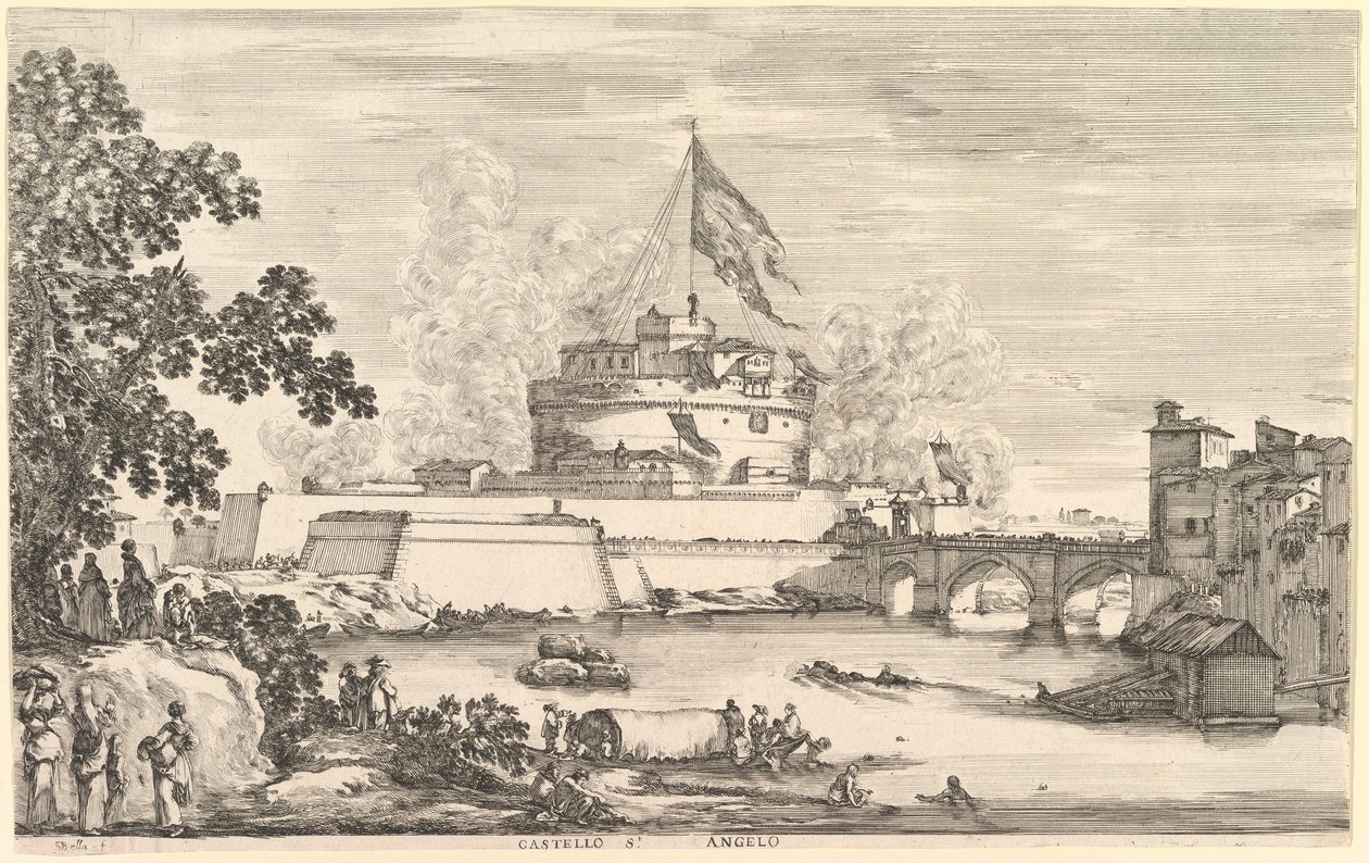 Kilátás a Tiberis folyóra, egy nagy fa balra, két csoport nő balra..., kb. 1656. alkotó: Stefano della Bella