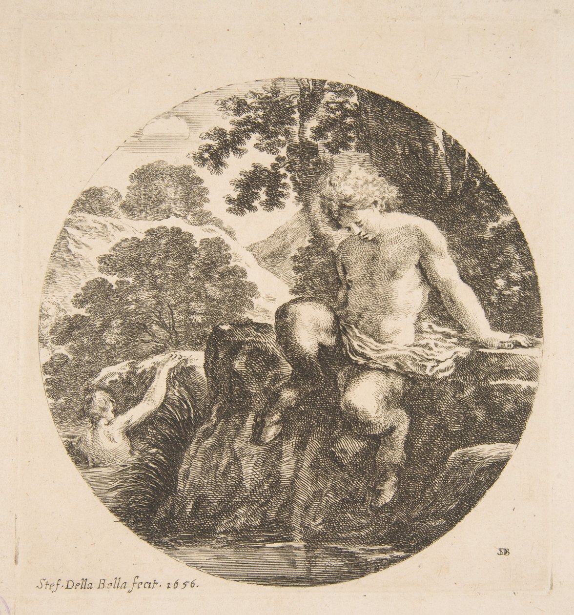 A folyóban fürdőzni készülő fiatal szatír a „Tájképek és tengeri kikötők” című könyvből: Paysages et ports d..., 1656. alkotó: Stefano della Bella