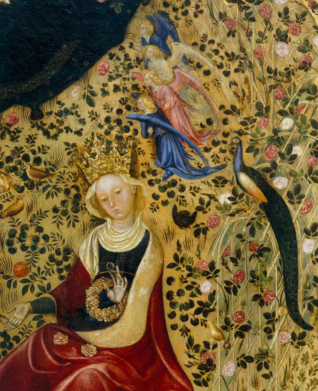Alexandriai Szent Katalin angyalokkal és pávával körülvéve, a Madonna del Roseto részlete alkotó: Stefano di Giovanni da Verona