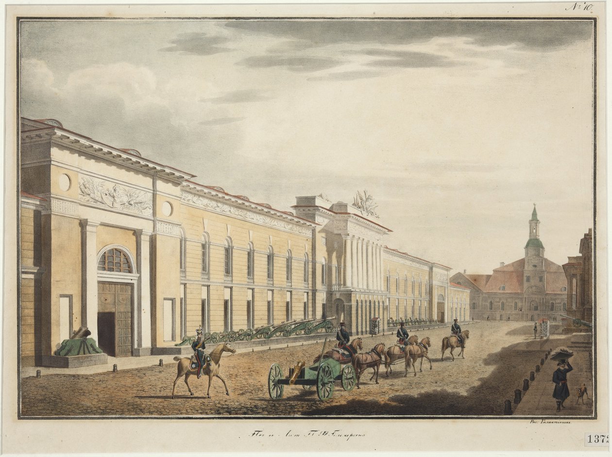 Kilátás az Új Arzenálra a Liteyny Avenue-n (perspektíva Liteiny) - Stepan Philippovich Galaktionov (1779-1854). Litográfia, akvarell alkotó: Stepan Philippovich Galaktionov