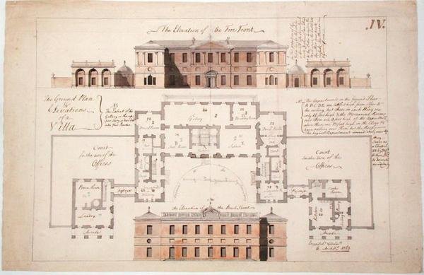 Egy jelentős villa alaprajza és alaprajzai, 1770 (grafit, toll és tus, mosás, papír) alkotó: Stephen Riou