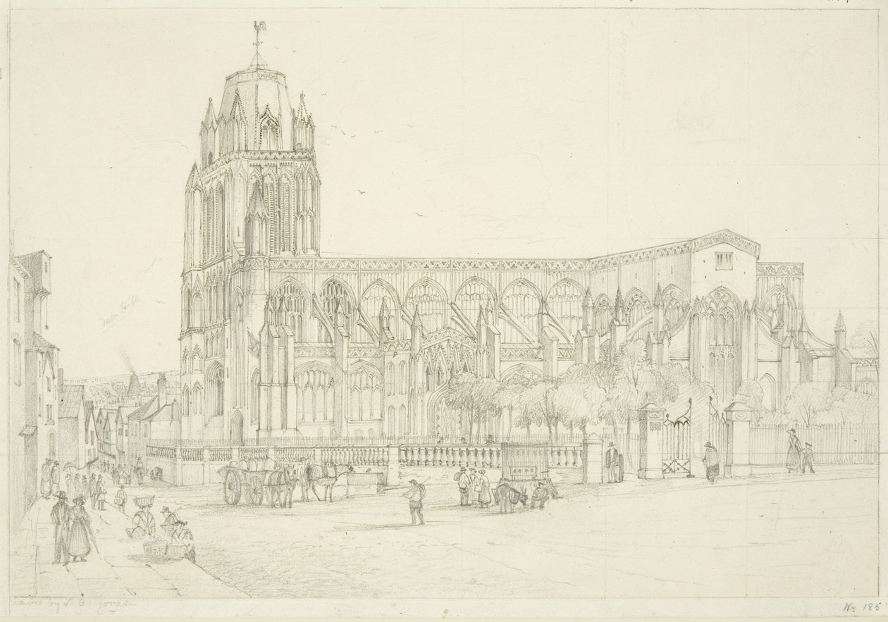 A St Mary Redcliffe templom déli képe, 1835 körül (ceruza papíron) alkotó: Stephen C. Jones