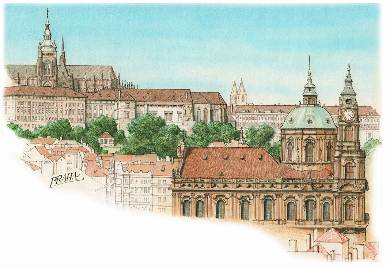 Prágai látkép, 1900-2023 körül (tus és akvarell) alkotó: Stephen Conlin