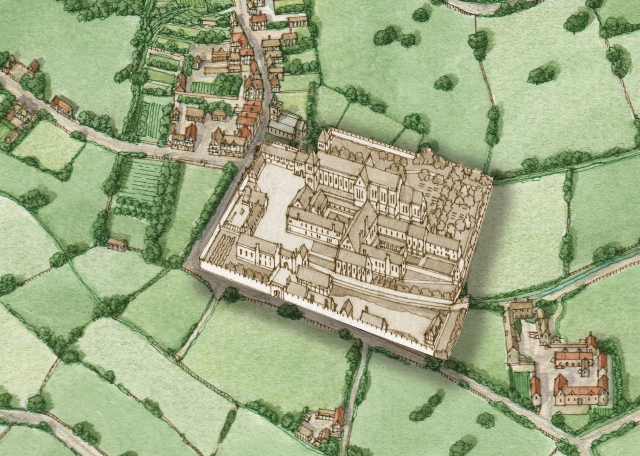 Bermondsey, London, 1600 körül, a reformáció előtti apátság belsejével, 2021 (tus és akvarell, digitális) alkotó: Stephen Conlin