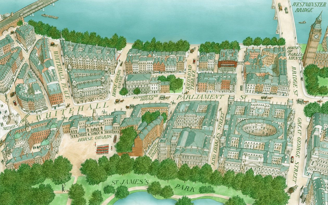 Edwardian Whitehall, London, 1890-1905 körül (rajz 1995) (tus, ecset és akvarell) alkotó: Stephen Conlin
