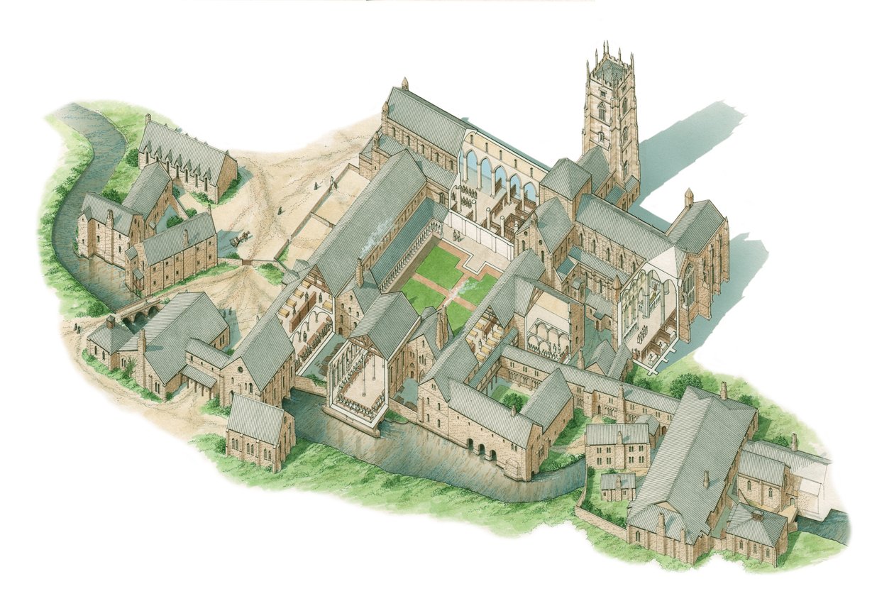 Fountains Abbey, Yorkshire, 1520-1539 körül (tus és akvarell) alkotó: Stephen Conlin