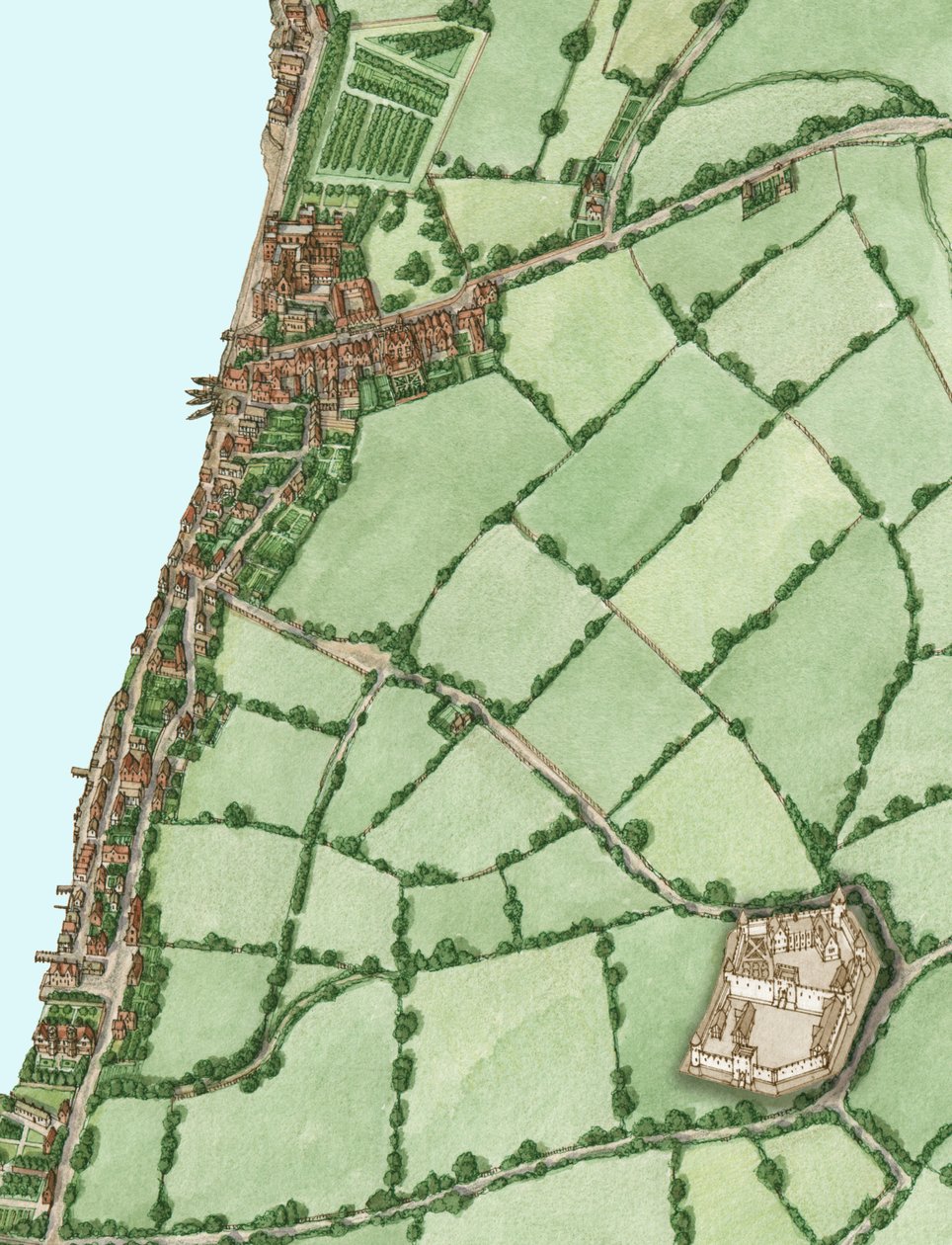 Lambeth és Vauxhall 1600 körül, a középkori Kennington várral, 2021 (tus és akvarell, digitális) alkotó: Stephen Conlin