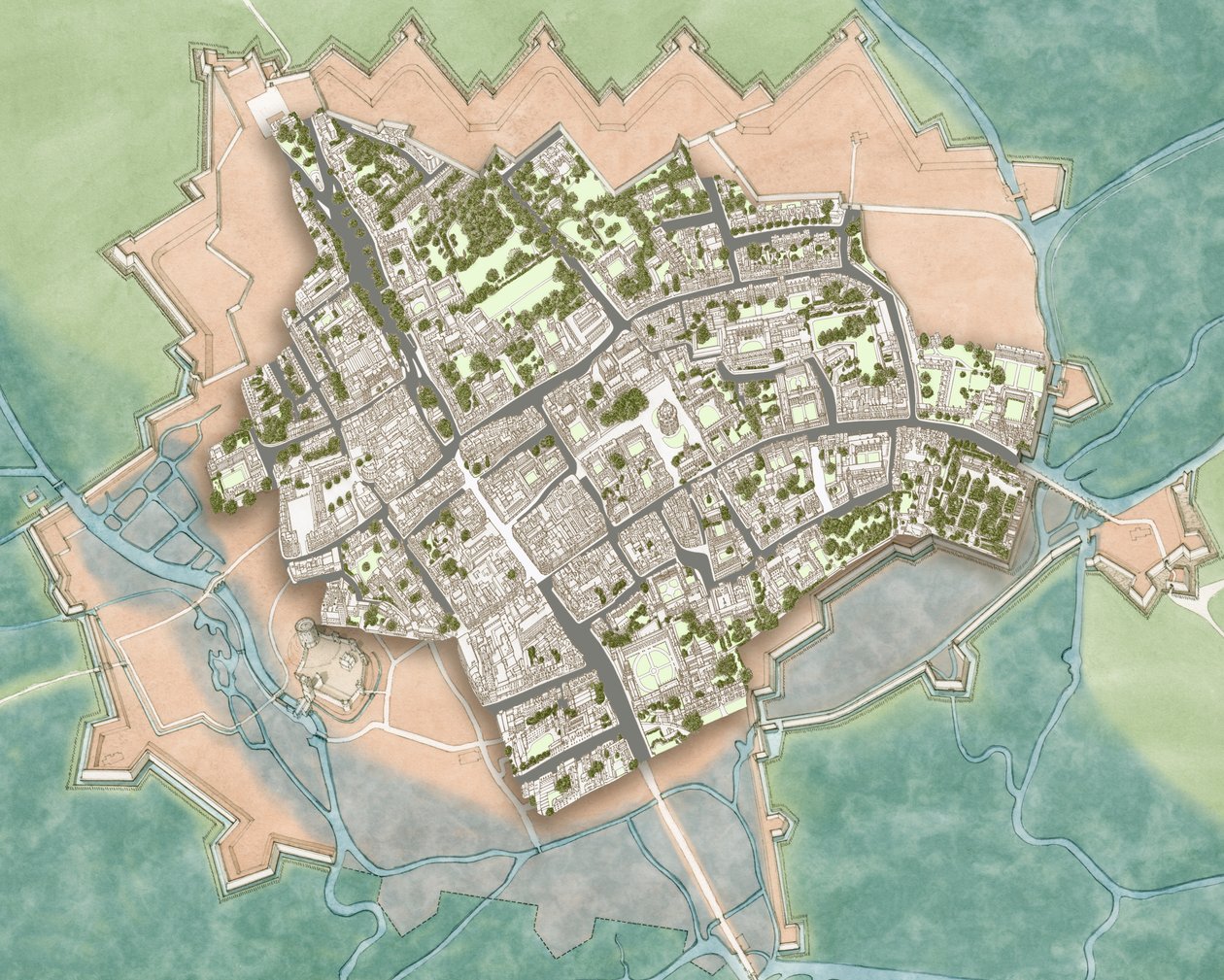Modern Oxford a polgárháborús védművek felett, 1644-1646 körül (tus, akvarell, digitális szerkesztés) alkotó: Stephen Conlin