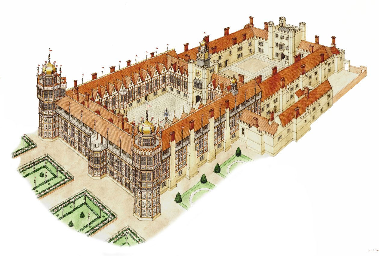 Nonsuch palota, Surrey, 1540-1600 körül (tinta és akvarell) alkotó: Stephen Conlin