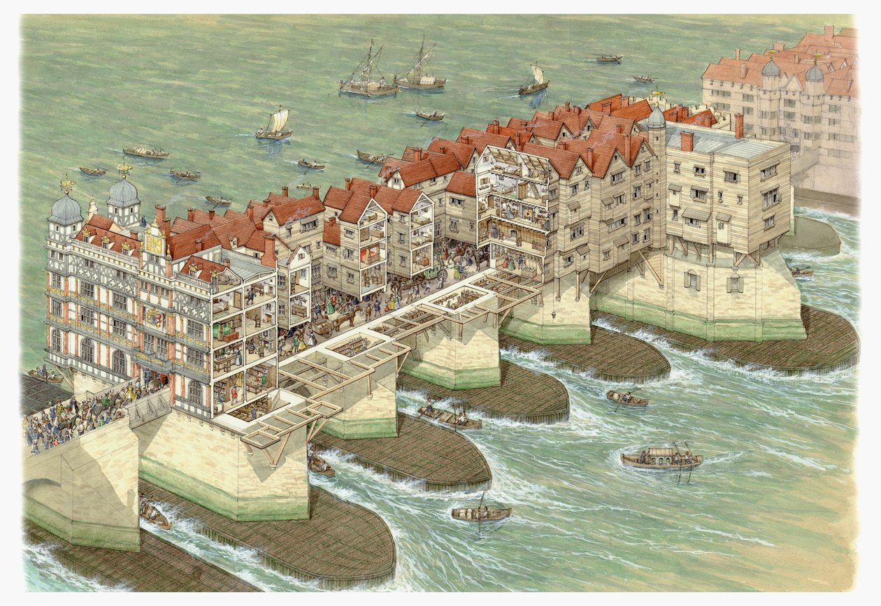 Old London Bridge (középső rész), 1580-1600 körül (tus és akvarell) alkotó: Stephen Conlin