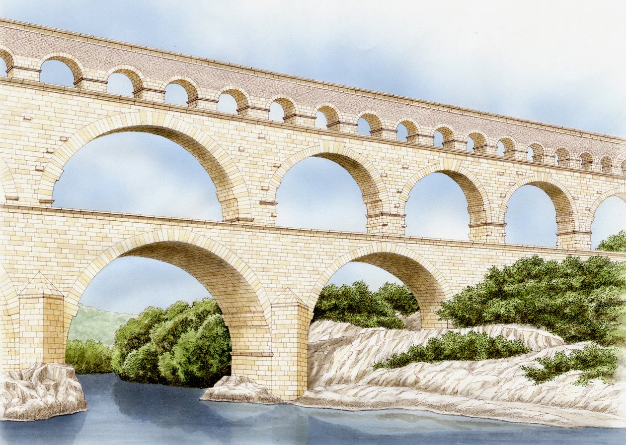 Pont de Gard ma, Franciaország, 1900-2023 körül (tus és akvarell) alkotó: Stephen Conlin