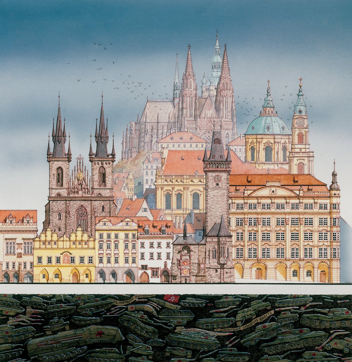 Prágai épületek és orosz tankok, 1980-1991 körül (tus és akvarell) alkotó: Stephen Conlin