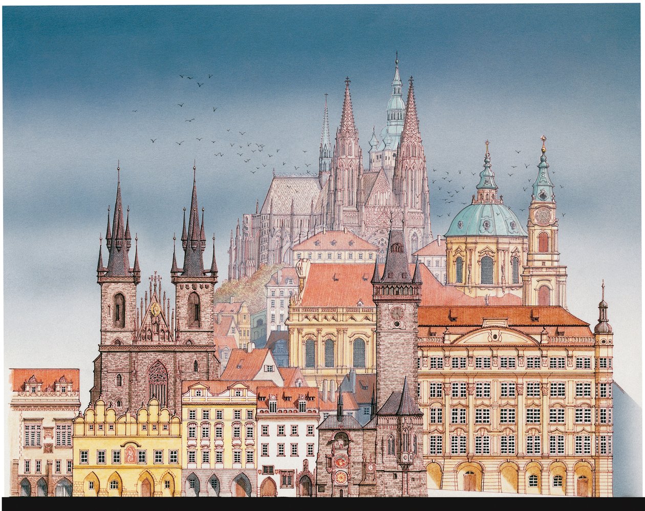 Prágai épületek, 1900-2023 körül (tus és akvarell) alkotó: Stephen Conlin