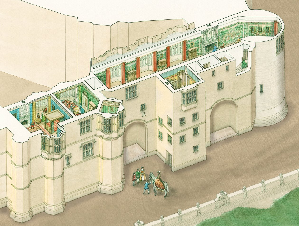 I. Erzsébet királynő északi galériája a windsori kastélyban, Berkshire, 1578-1603 körül (tus és akvarell) alkotó: Stephen Conlin
