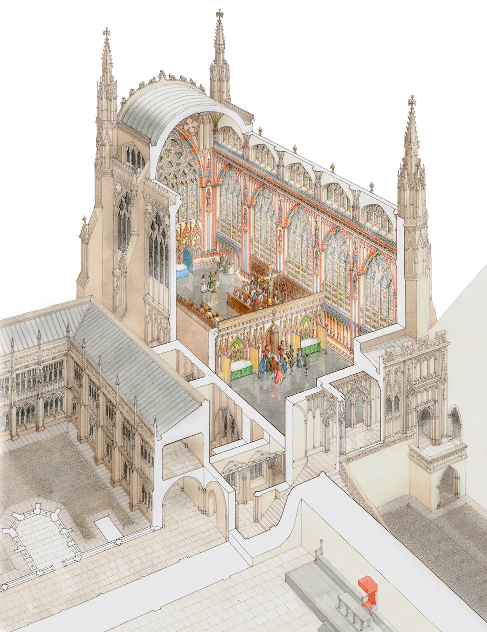 Szent István kápolna, Westminster, alacsony kerengővel, 1520-1530 körül (rajz 2015) (tus és akvarell) alkotó: Stephen Conlin