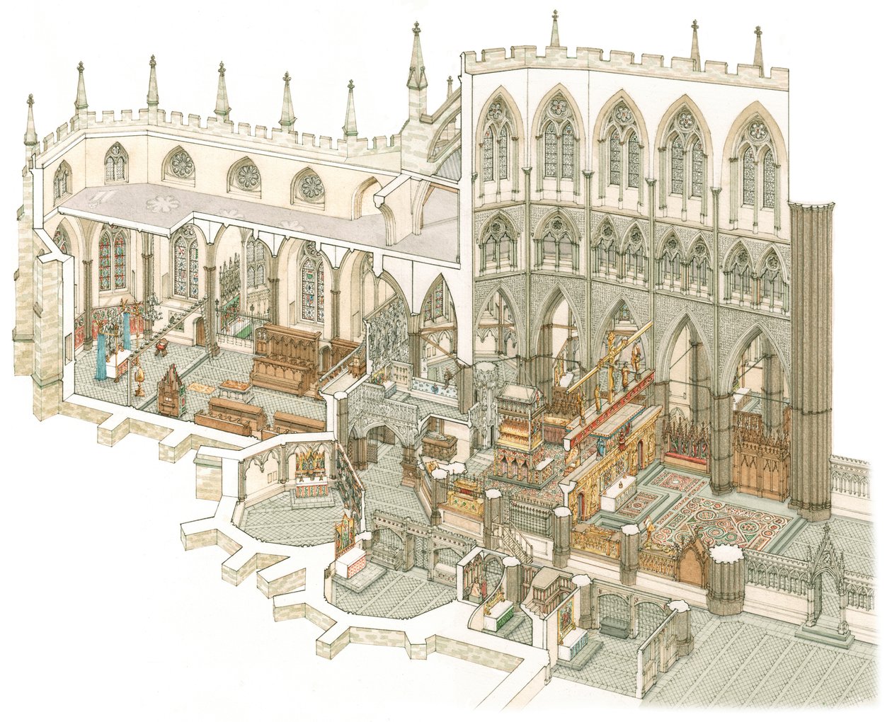 A Westminster apátság keleti vége a reformáció előtt, 1500-1525 körül (tus és akvarell) alkotó: Stephen Conlin