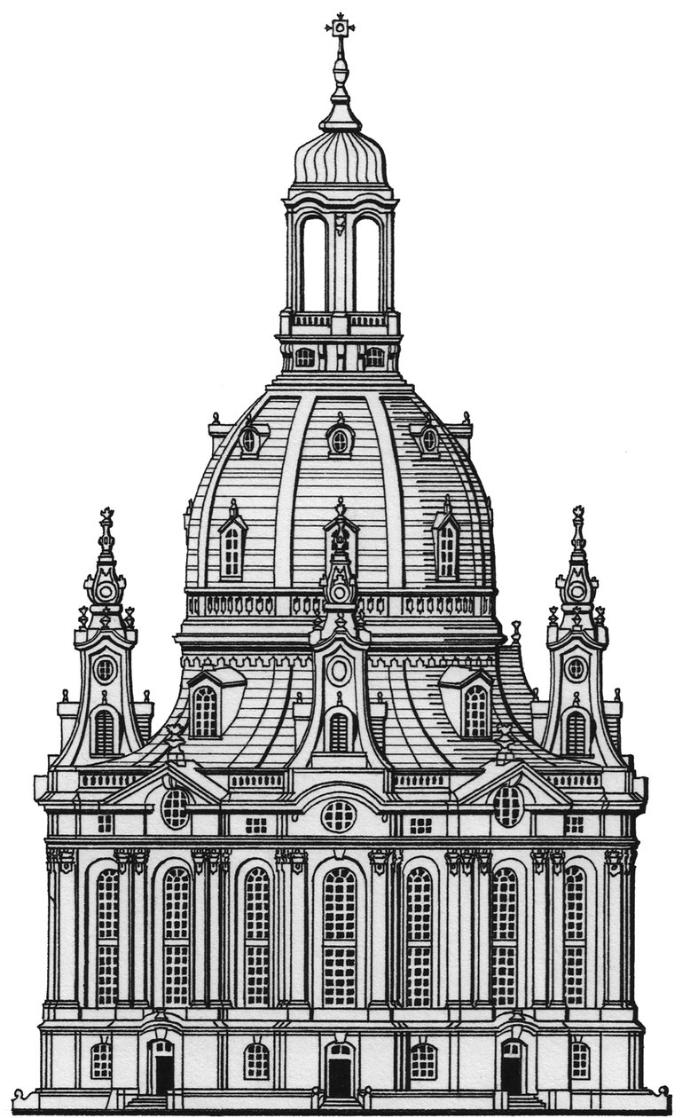 Frauenkirche, Drezda, 1730-2023 körül (rajz 1994) (tinta) alkotó: Stephen Conlin