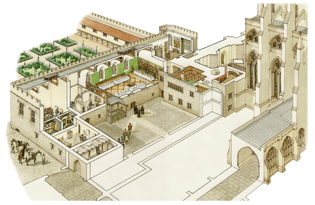 A Westminster apátság reformáció előtti dékáni palotája, 1520-1535 körül (tus és akvarell) alkotó: Stephen Conlin