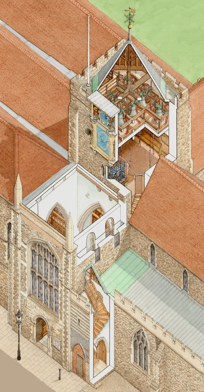 A Szent Mária-templom tornya, Rye, East Sussex, 1900-2023 körül (tus és akvarell) alkotó: Stephen Conlin