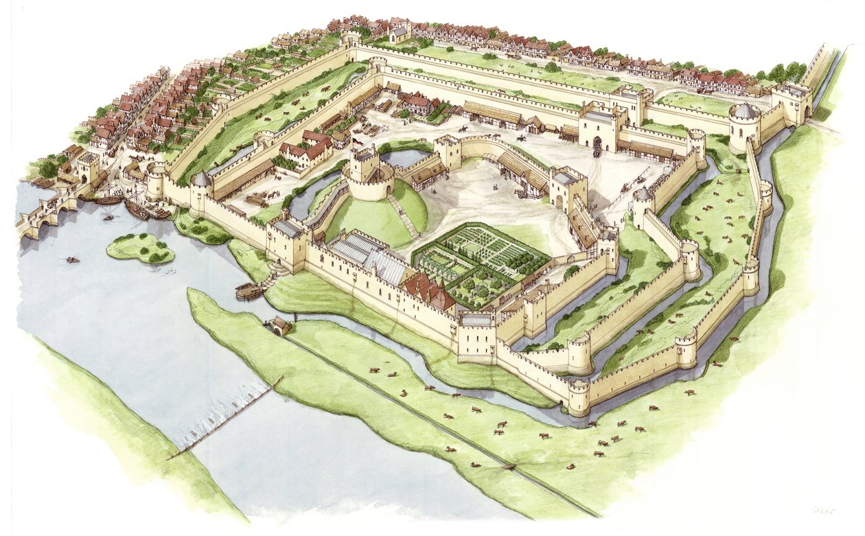 Wallingford kastély, Oxfordshire, 1300-1399 körül (tus és akvarell) alkotó: Stephen Conlin