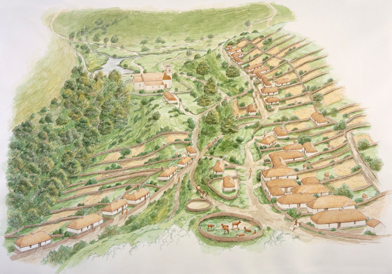 Wharram Percy középkori falu, North Yorkshire, 13. század a 2000-es évek körül alkotó: Stephen Conlin