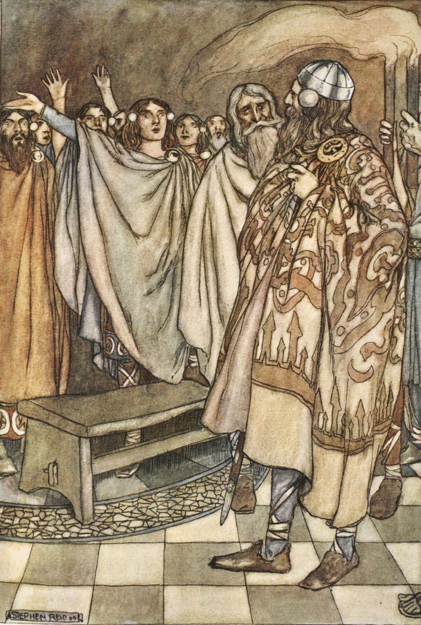 Hatalmas ujjongás hallatszott az ulstermiek részéről, illusztrációja T.W. „The High Deeds of Finn, and other Bardic Romances of Ancient Ireland” című művéből. Rolleston (színes litó) alkotó: Stephen Reid