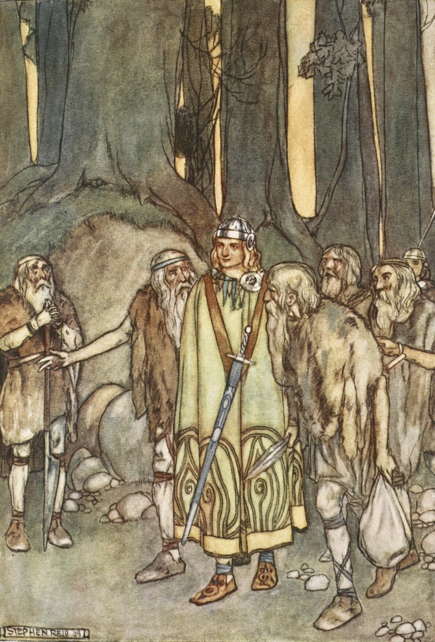 És azon az éjszakán lakoma és öröm volt a magányos kunyhóban, illusztrációja T.W. „Finn nagy tettei és az ókori Írország egyéb bard románcai” című művéből. Rolleston (színes litó) alkotó: Stephen Reid