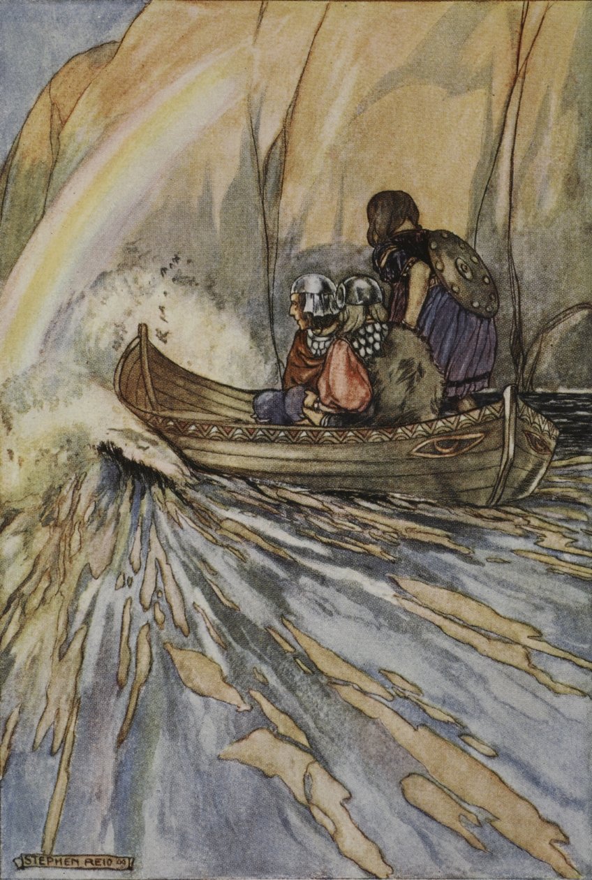 „Vigyél minket gyorsan, Mananan csónakja a Heszperidesek kertjébe, illusztráció a „Finn nagy tettei és az ókori Írország egyéb bard romantikája” című könyvéből, T.W. Rolleston (színes litó) alkotó: Stephen Reid