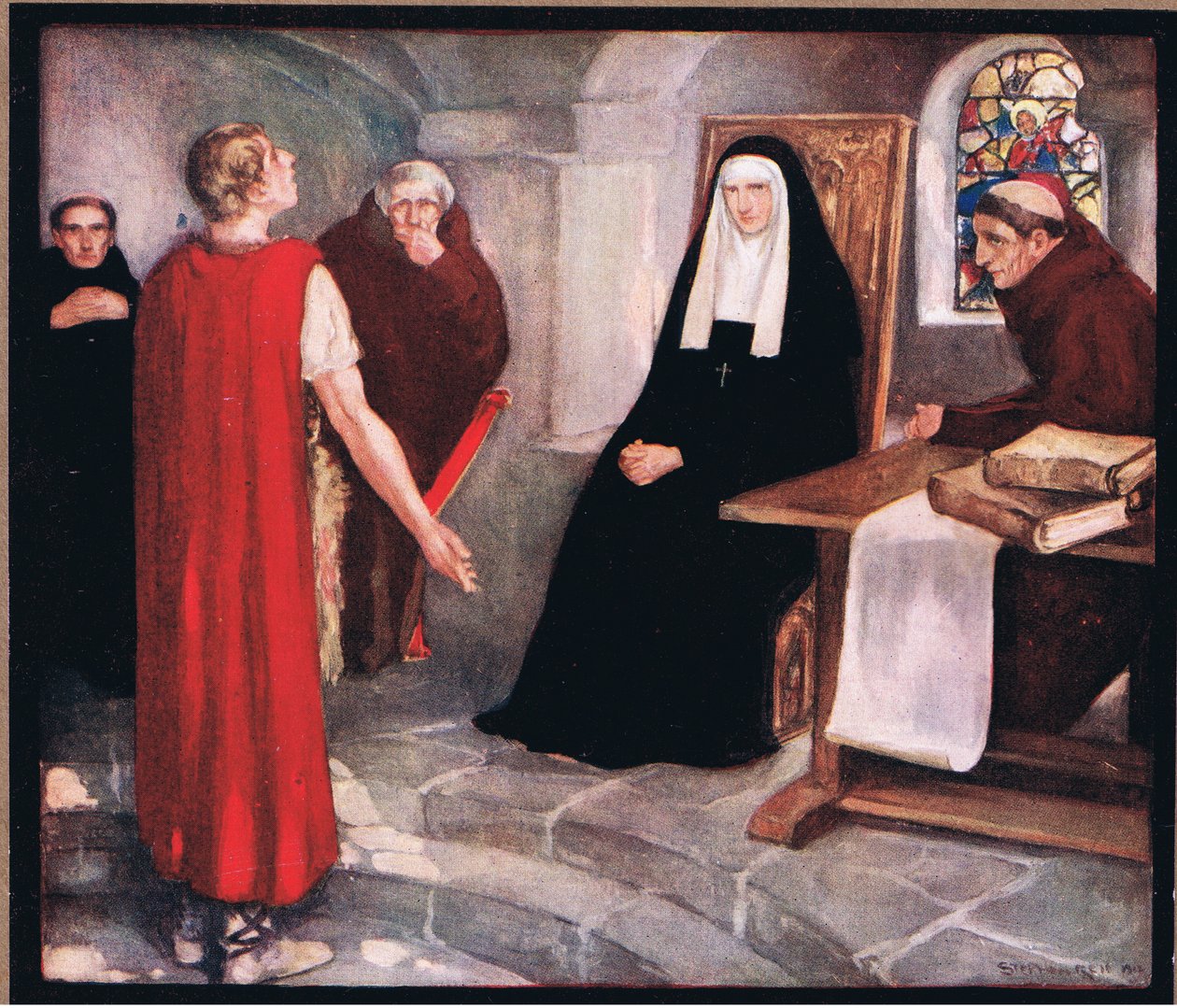 Caedmon Szent Hilda előtt (színes litó) alkotó: Stephen Reid