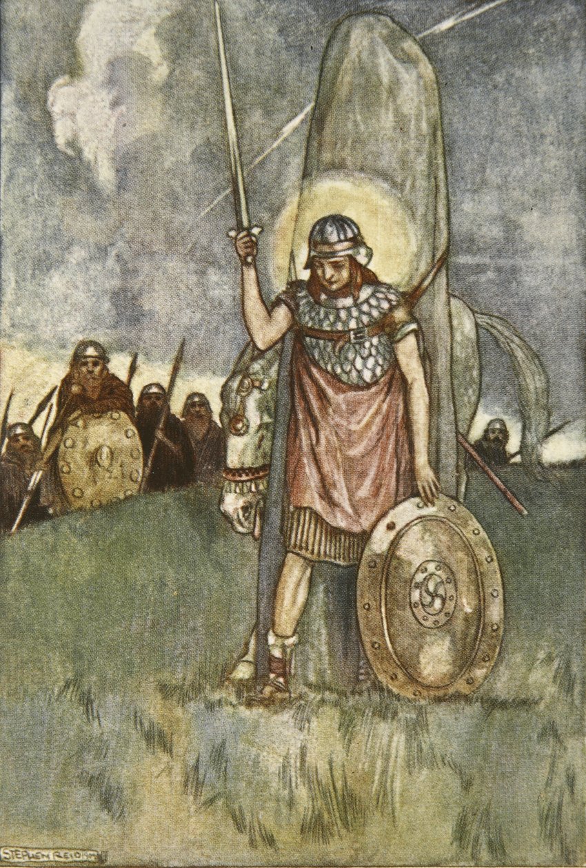 Cuchulain végre meghal, illusztrációja Eleanor Hull (1860-1935) „Cuchulain, The Hound of Ulster” című művéből. alkotó: Stephen Reid