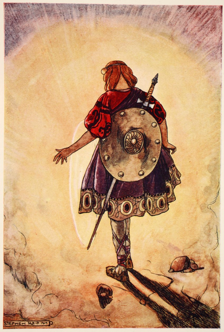 Cuchulain a Shining Wheel-t követi, illusztrációja Eleanor Hull (1860-1935) „Cuchulain, The Hound of Ulster” című művéből. alkotó: Stephen Reid