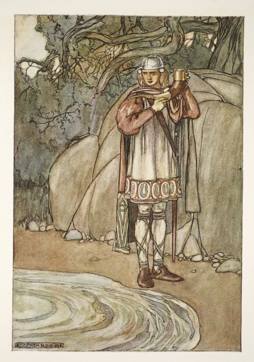 Dermot fogta a kürtöt, és megtöltötte volna, illusztrációja T.W. „The High Deeds of Finn, and other Bardic Romances of Ancient Ireland” című könyvéből. Rolleston (színes litó) alkotó: Stephen Reid