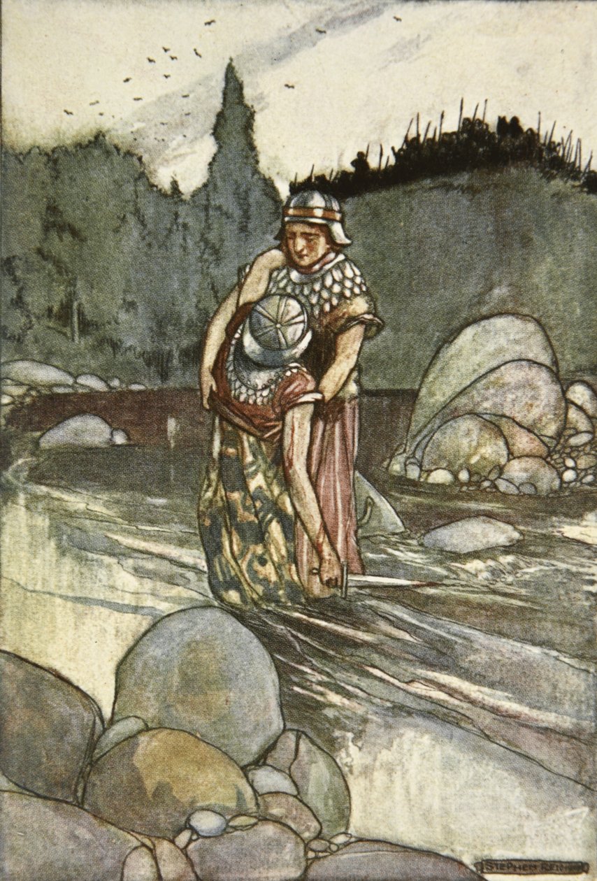 Ferdia elesik Cuchulain kezénél, illusztráció a "Cuchulain, The Hound of Ulster" című filmből, Eleanor Hull (1860-1935) alkotó: Stephen Reid